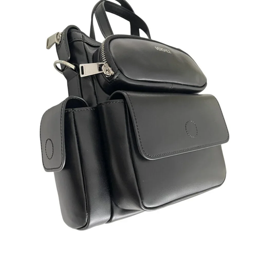 Versace Black Men's Leather multi-compartment messenger shoulder bag‎ 1012234
